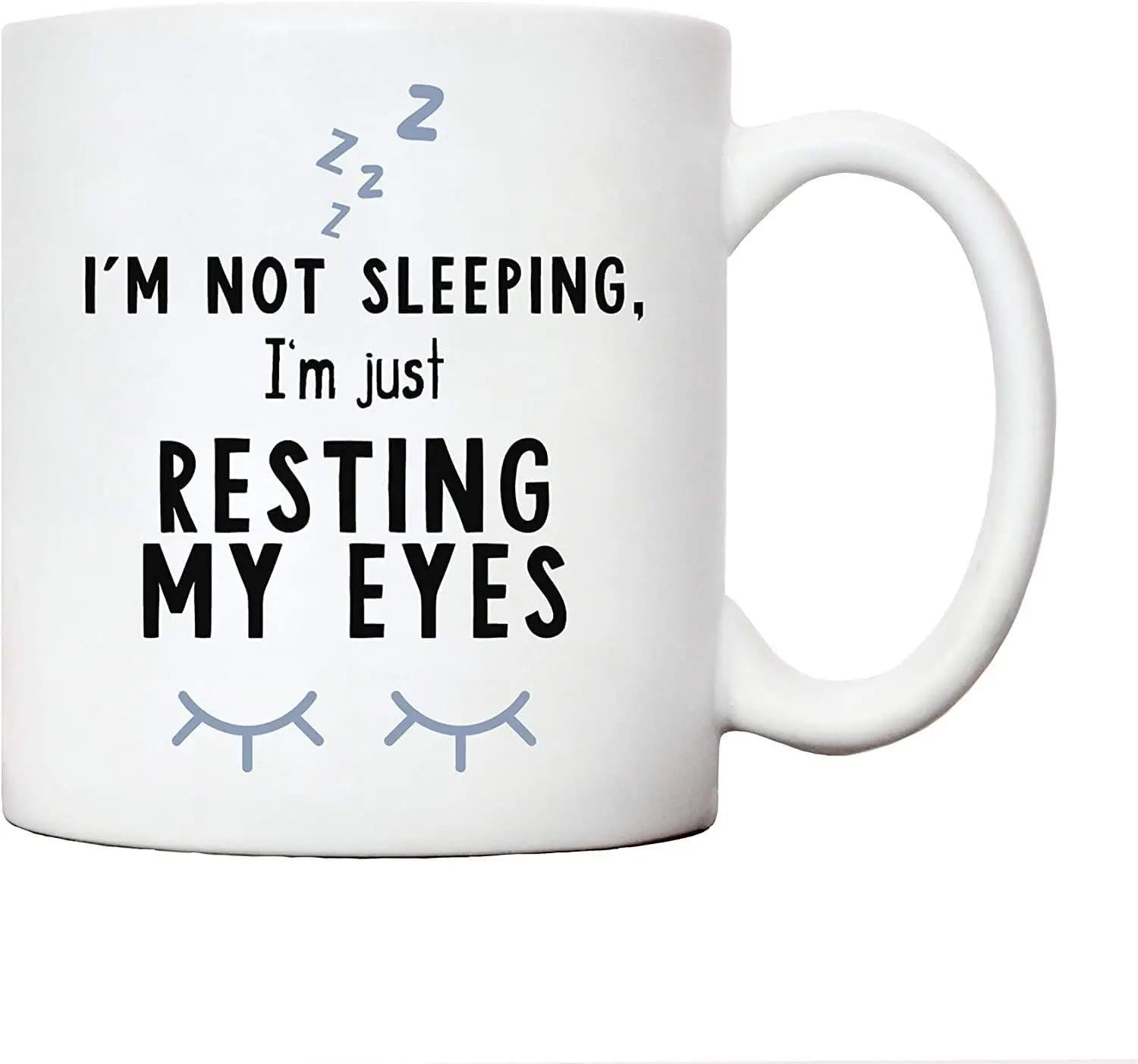 Tailorly White Ceramic 11 oz Mug - I M Not Sleeping I M Just Resting My Eyes Minimalist Sleep Symbols And Delicate Eyelashes On Smooth Ceramic Mug