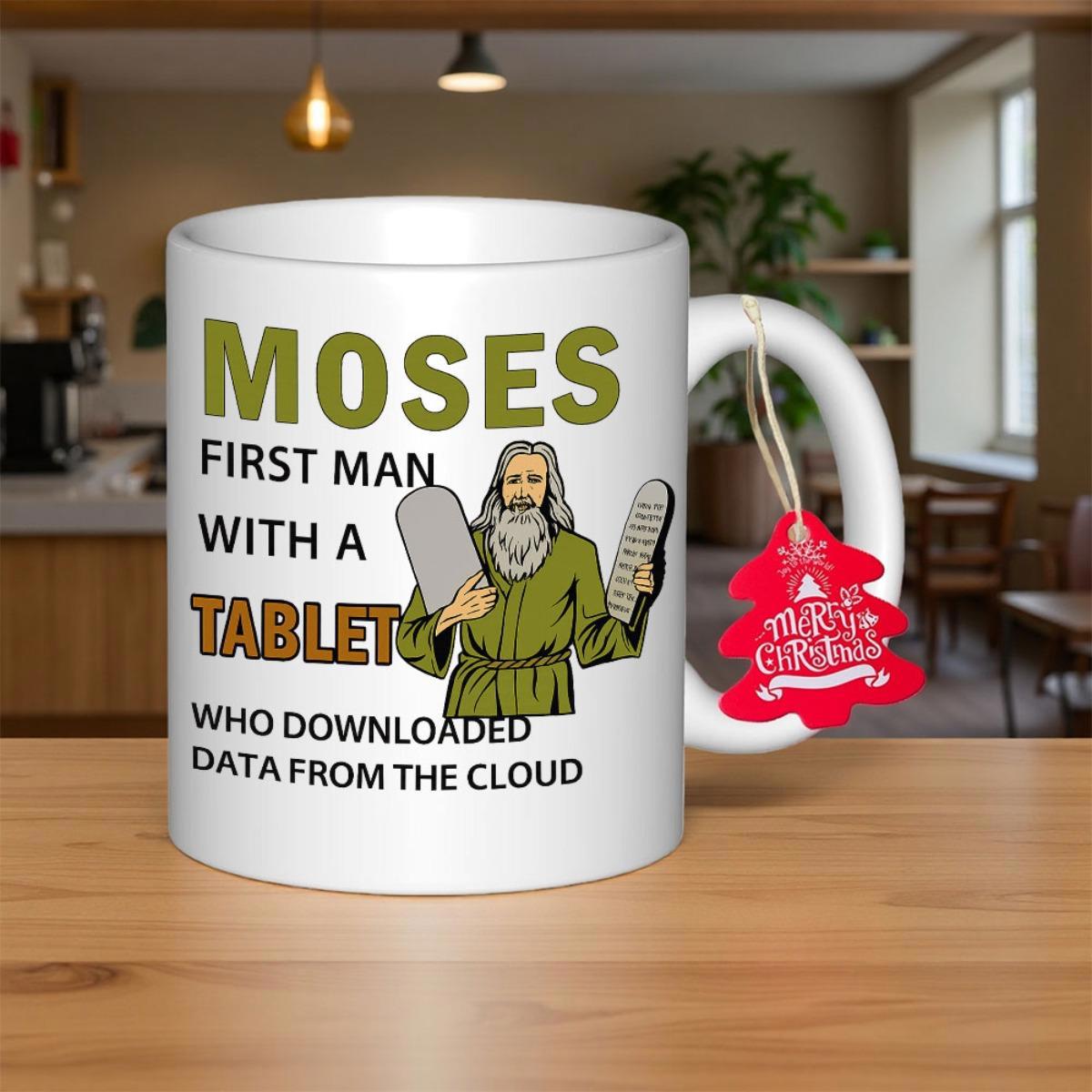 Tailorly White Ceramic 11 oz Mug - Moses First Man With A Tablet Who Downloaded Data From The Cloud Ancient Biblical Prophet Holding Stone Tablets Standing In