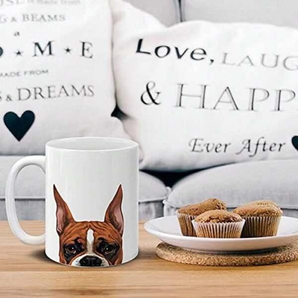 Tailorly White Ceramic 11 oz Mug - Realistic Brown Boxer Face Peeking From Bottom With Attentive Expressions Dog