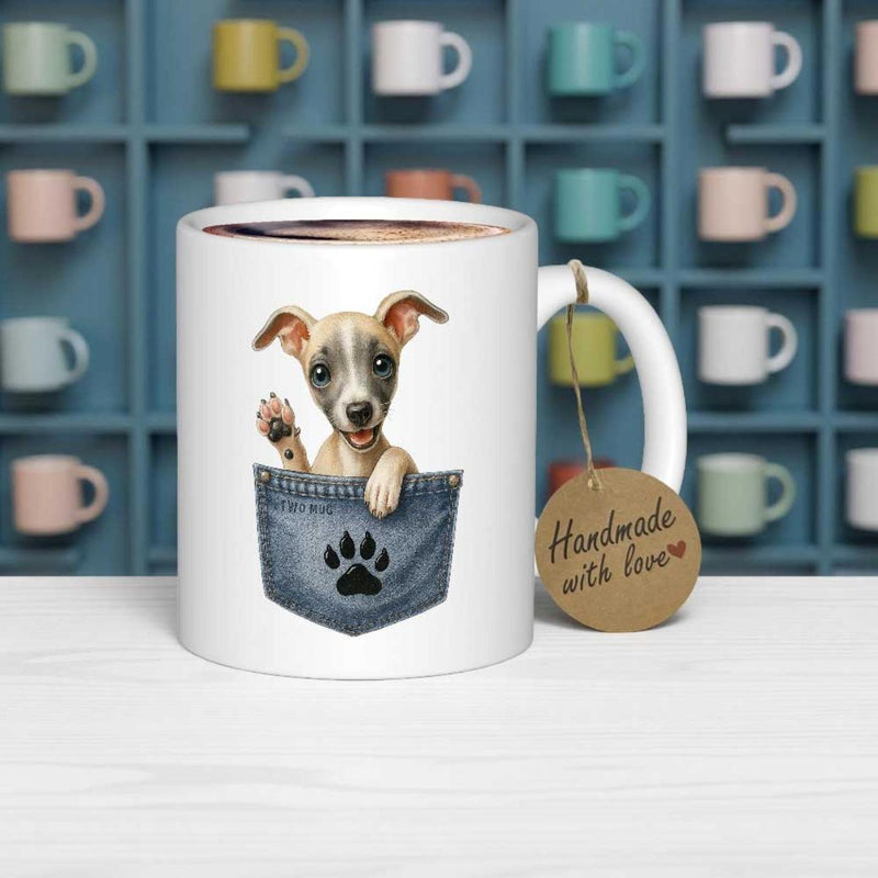 Tailorly White Ceramic 11 oz Mug - Handmade With Love Adorable Small Puppy Peeking Out From A Blue Denim Textured Pocket Puppy