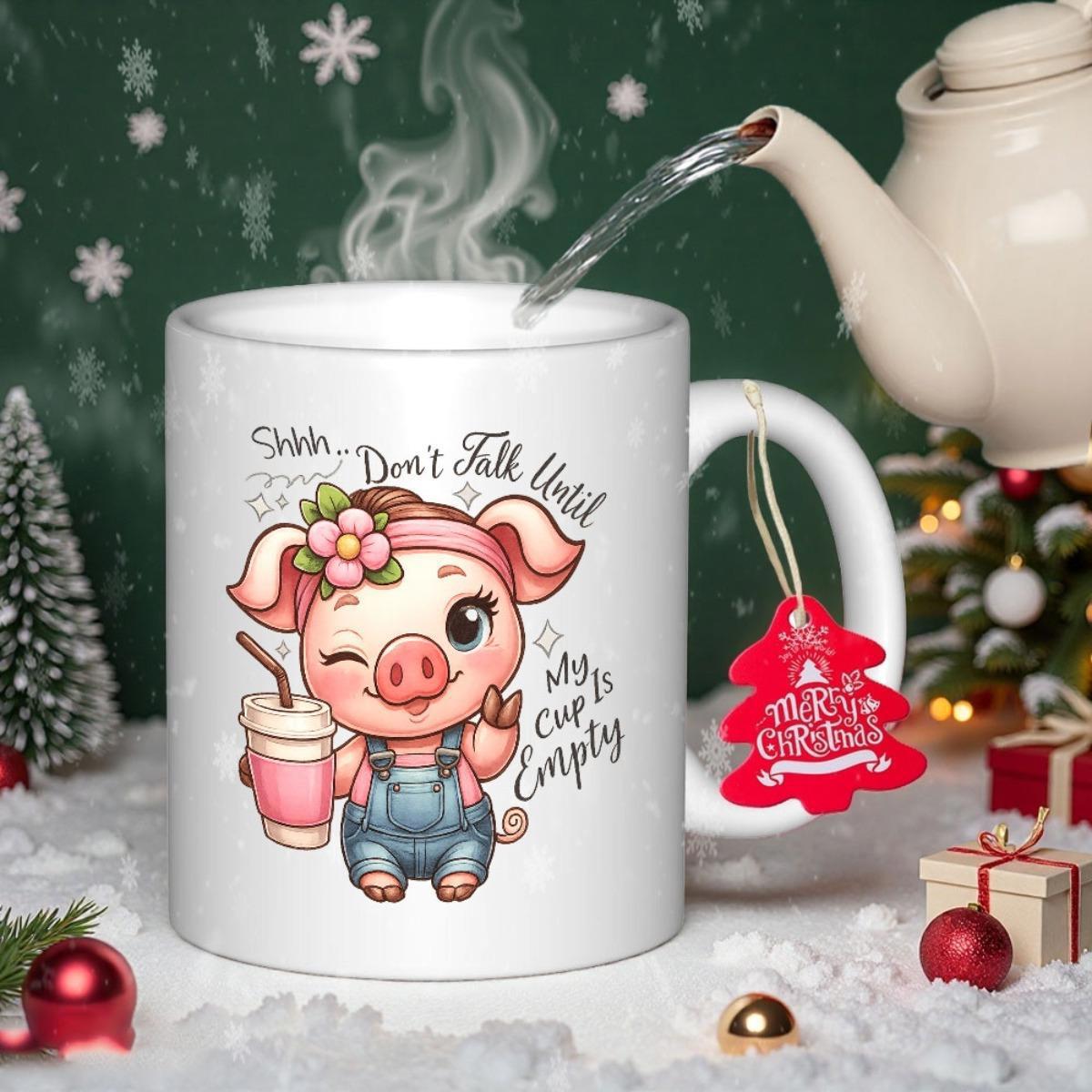 Tailorly White Ceramic 11 oz Mug - Dont Talk Until My Cup Is Empty Cute Cartoon Character Wearing Overalls Holding Coffee Cup Pig