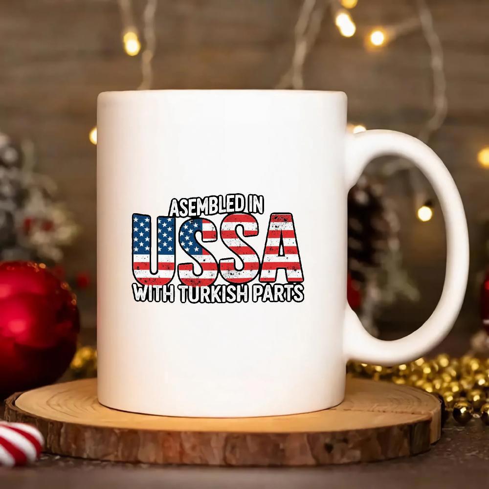 Tailorly White Ceramic 11 oz Mug - Assembled In USSA With Turkish Parts Patriotic Stars And Stripes Pattern Filled Large Bold Block Typography Mug