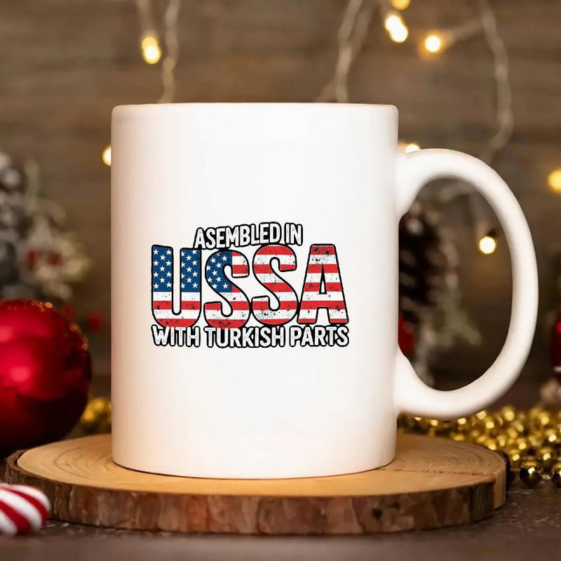 Tailorly White Ceramic 11 oz Mug - Assembled In USSA With Turkish Parts Patriotic Stars And Stripes Pattern Filled Large Bold Block Typography Mug