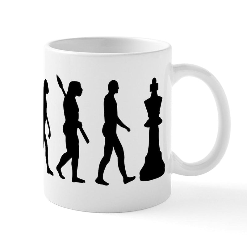 Tailorly White Ceramic 11 oz Mug - Minimalist Black Silhouette Showing Human Evolution Progress Into A Strategic Chess King