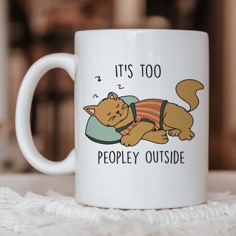 Tailorly White Ceramic 11 oz Mug - Its Too Peopley Outside Adorable Ginger Feline Sleeping On Pillow Wearing Colorful Striped Shirt Cat