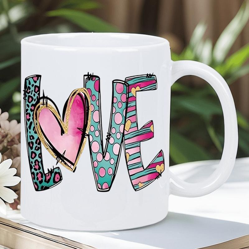 Tailorly White Ceramic 11 oz Mug - Love Colorful Stitched Letters With Leopard And Polka Dot Patterns Heart