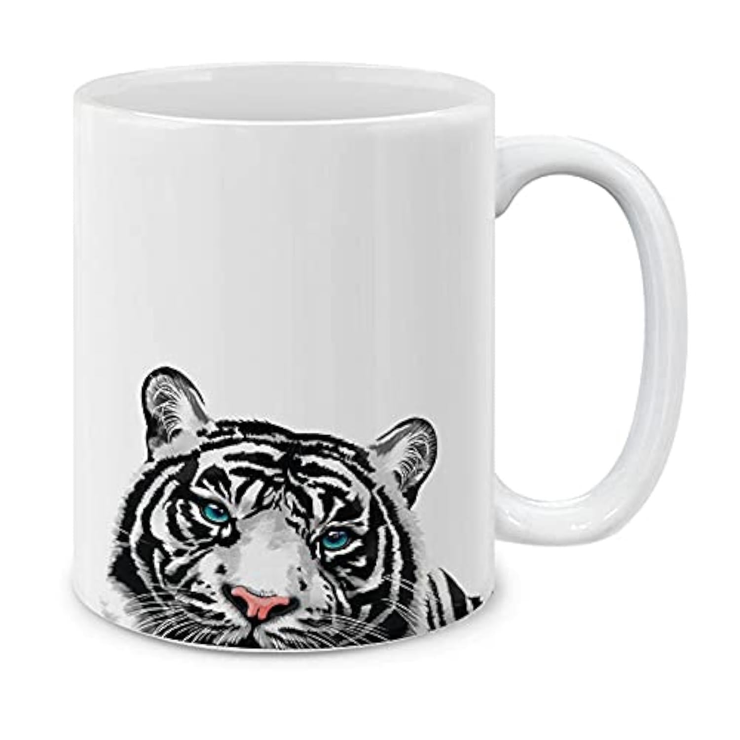 Tailorly White Ceramic 11 oz Mug - Hand Drawn Majestic White Tiger With Intense Blue Eyes Tiger