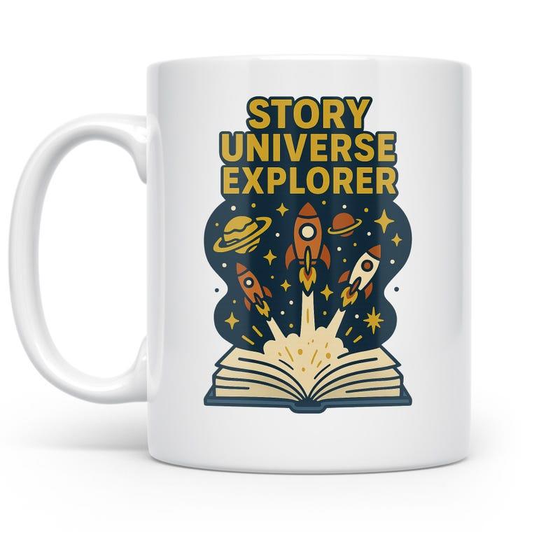 Tailorly White Ceramic 11 oz Mug - Story Universe Explorer Rockets Launching From Open Book Amidst Glowing Planets And Twinkling Stars Rocket