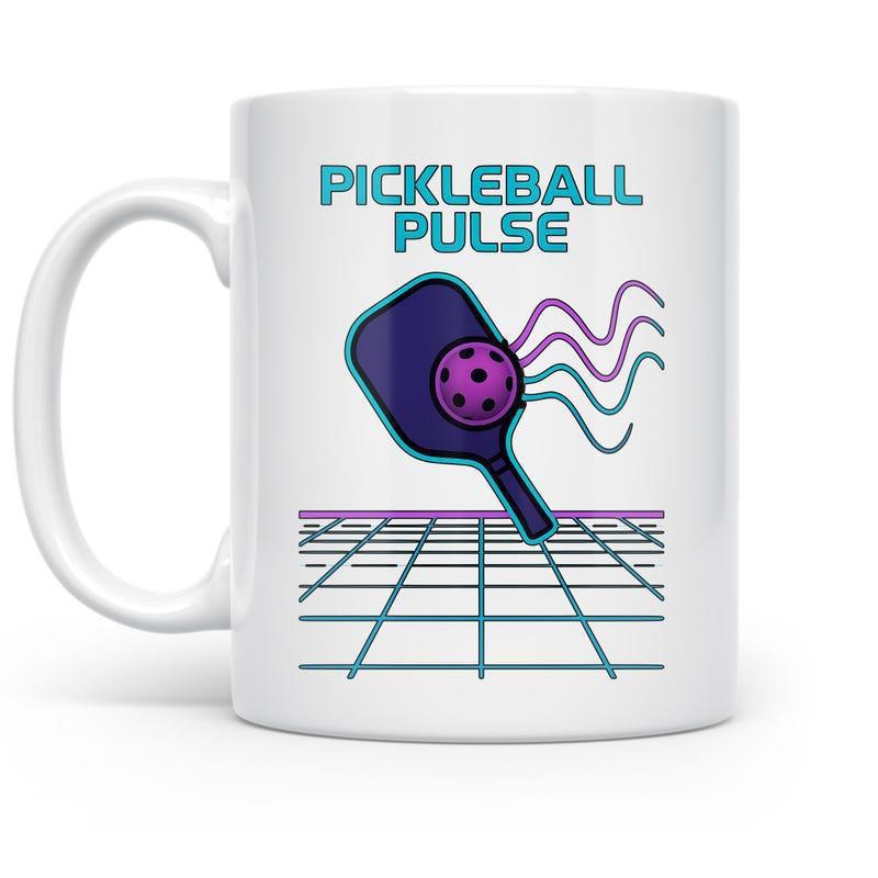 Tailorly White Ceramic 11 oz Mug - Pickleball Pulse Vibrant Retro Grid Backdrop With Dynamic Motion Lines And Ball Paddle