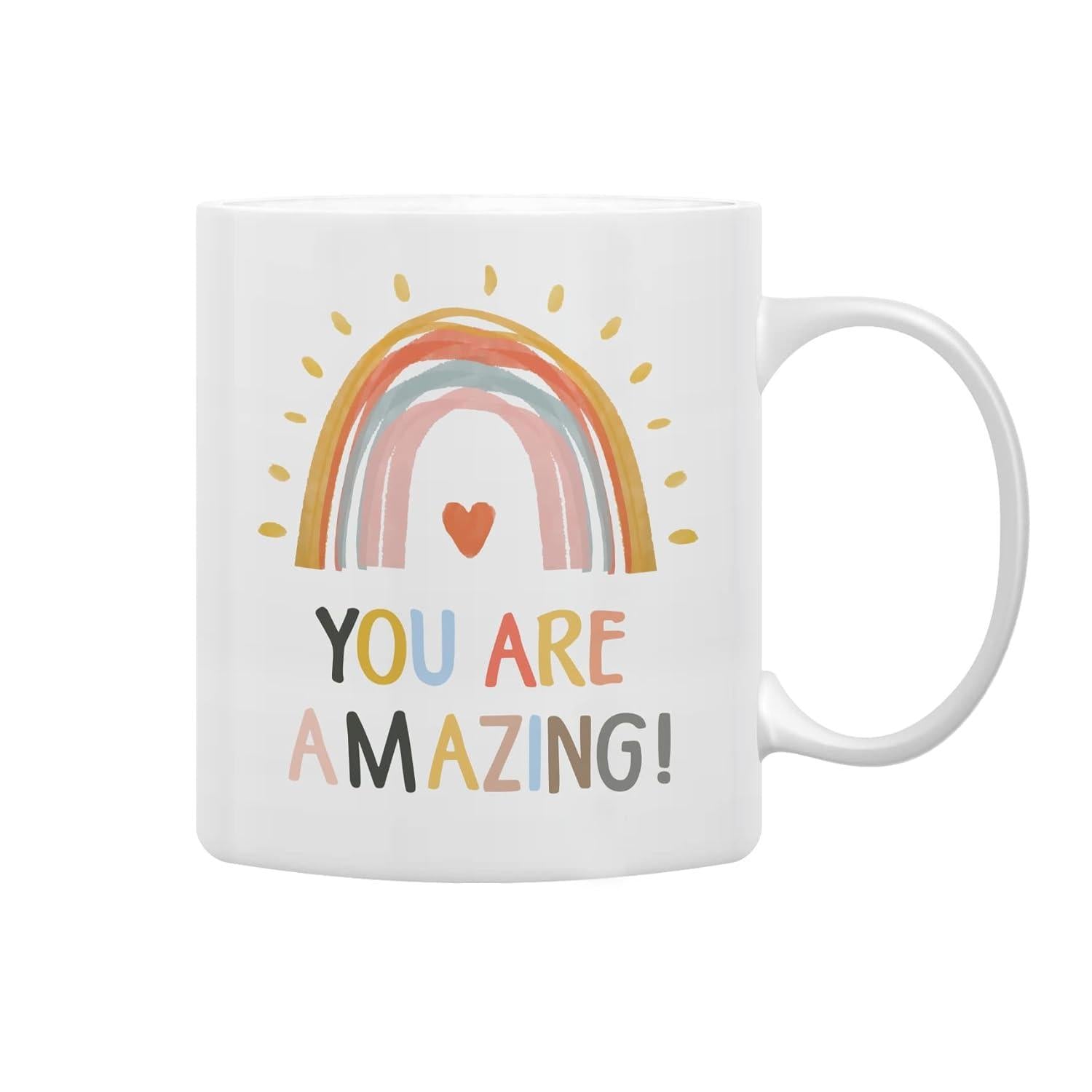 Tailorly White Ceramic 11 oz Mug - You Are Amazing Soft Muted Tones Boho Aesthetic Heart With Gentle Radiating Sun Rays Rainbow