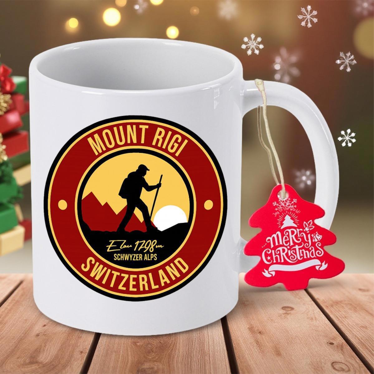 Tailorly White Ceramic 11 oz Mug - Mount Rigi Switzerland Rugged Mountain Silhouette With Adventurous Traveler Walking Under Golden Sun Hiker