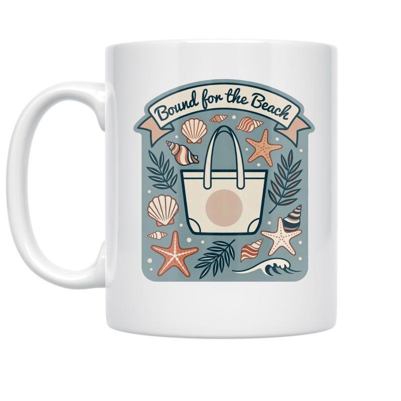 Tailorly White Ceramic 11 oz Mug - Bound For The Beach Vintage Sea Shells And Starfish Surrounding A Coastal Themed Beach Bag