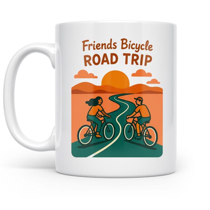 Tailorly White Ceramic 11 oz Mug - Friends Bicycle Road Trip Vintage Scenic Journey With Two Cyclists Riding Along Winding Mountain Path Bicycle