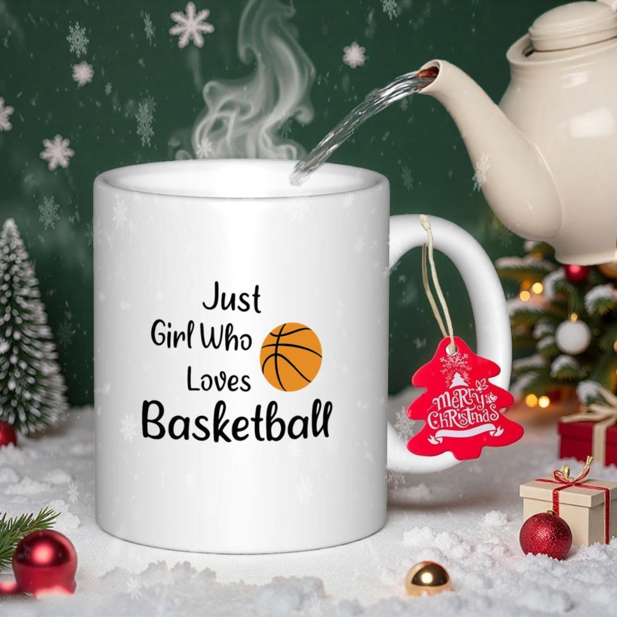 Tailorly White Ceramic 11 oz Mug - Just Girl Who Loves Basketball Minimalist Textured Orange Sphere Resting Among Inspiring Motivational Sporty Quotes Basketball