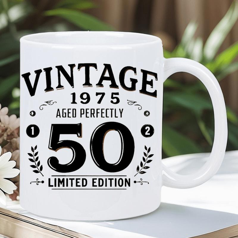 Tailorly White Ceramic 11 oz Mug - Vintage 1975 Aged Perfectly 50 Limited Edition Retro Arched Typography With Elegant Laurel Leaves And Ornamental Flourishes