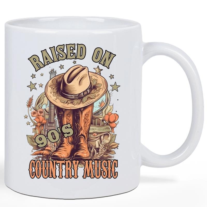 Tailorly White Ceramic 11 oz Mug - Raised On 90s Country Music Vintage Western Style Cowboy Boots And Hat Among Stars And Wheat Boots