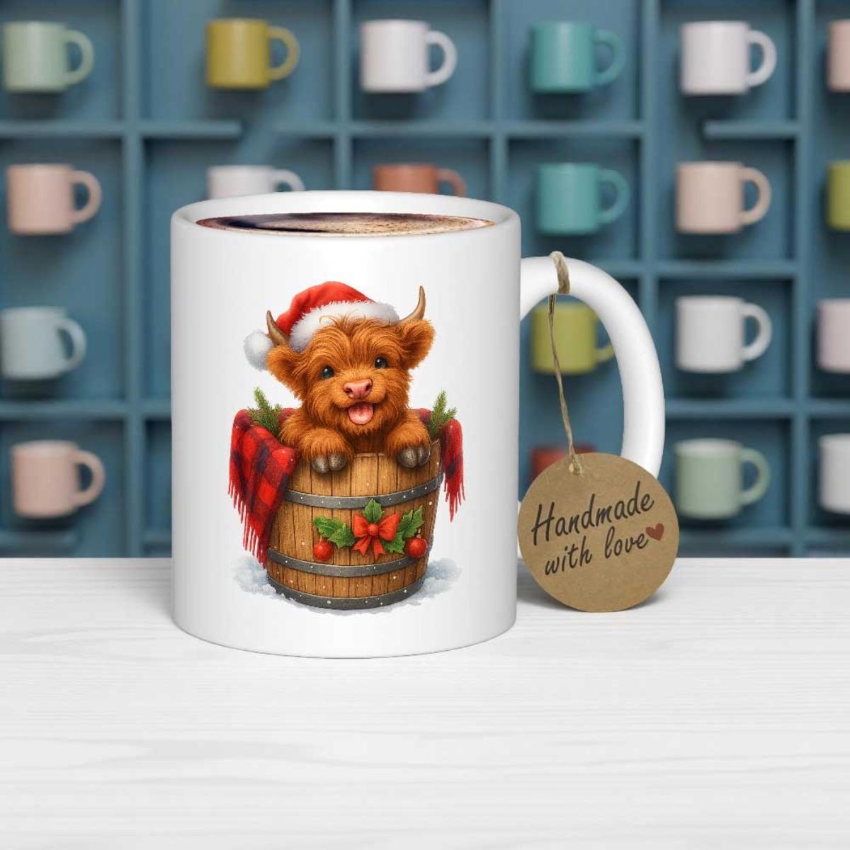 Tailorly White Ceramic 11 oz Mug - Handmade With Love Adorable Baby Highland Cow Wearing Santa Hat Inside Festive Wooden Cow