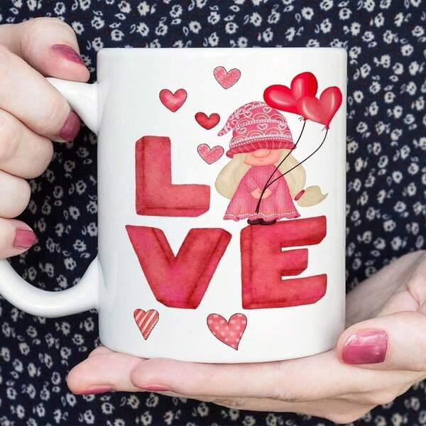 Tailorly White Ceramic 11 oz Mug - Love Adorable Little Girl Gnome Holding Heart Shaped Balloons Amidst Hearts Gnome