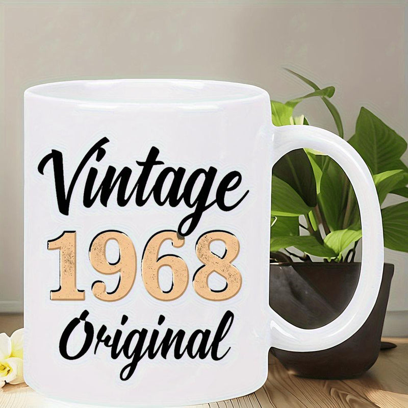Tailorly White Ceramic 11 oz Mug - Vintage 1968 Original Classic Black Script With Bold Golden Textured Numerical Digits Commemorative Mug