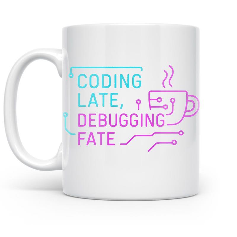 Tailorly White Ceramic 11 oz Mug - Coding Late Debugging Fate Digital Circuit Lines Surrounding Steaming Coffee Cup With Modern Tech Style Mug