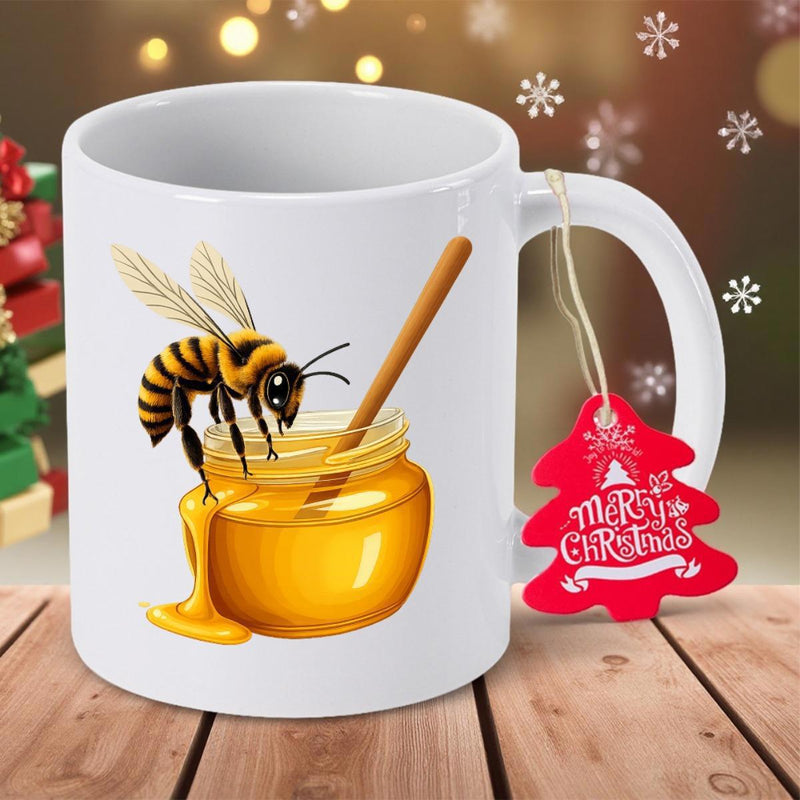 Tailorly White Ceramic 11 oz Mug - Merry Christmas Vibrant Honeybee Collecting Golden Nectar From A Glass Jar Of Sweet Honeybee