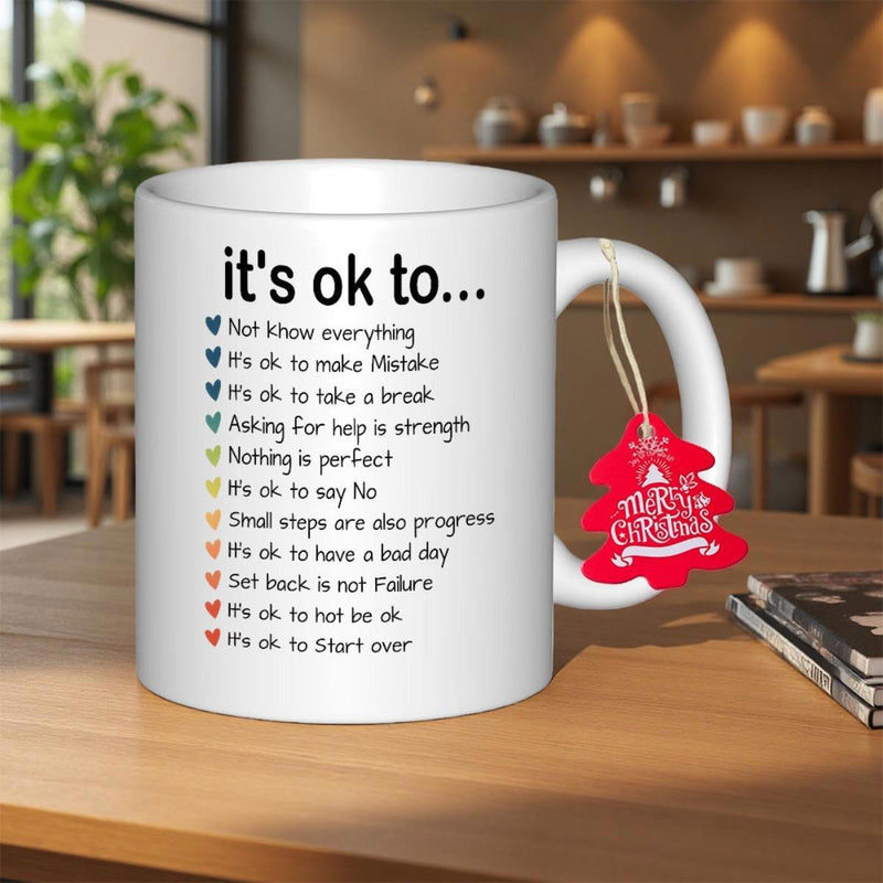 Tailorly White Ceramic 11 oz Mug - Its Ok To Not Know Everything Featuring Small Colorful Hearts And Festive Red Tag Mug