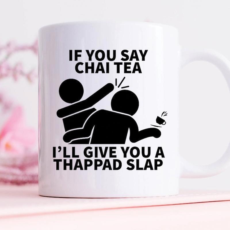 Tailorly White Ceramic 11 oz Mug - If You Say Chai Tea Ill Give You A Thappad Slap Funny Stick Figures Engaging In A Playful Humorous Slap Mug