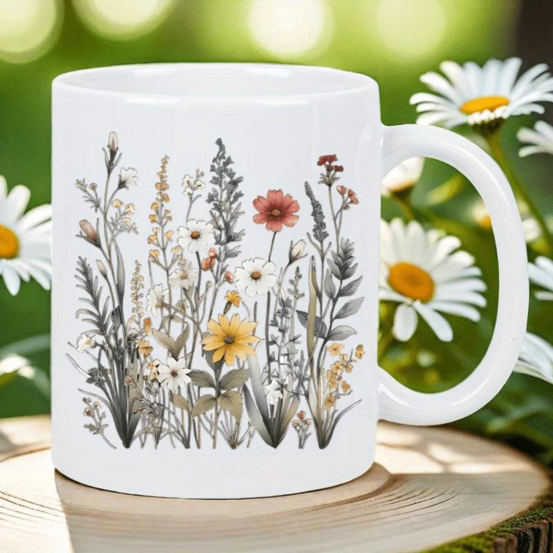 Tailorly White Ceramic 11 oz Mug - Elegant Hand Drawn Botanical Stems Blooming Within A Serene Garden Wildflower
