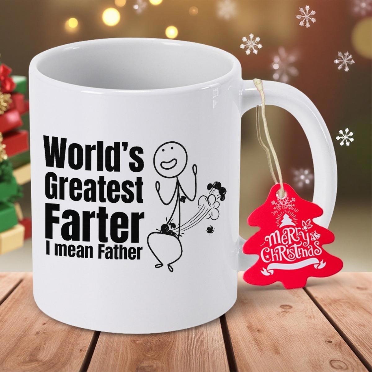 Tailorly White Ceramic 11 oz Mug - World's Greatest Farter I Mean Father Simple Minimalist Line Drawing Of A Joyful Dancing Stick Figure Stickman
