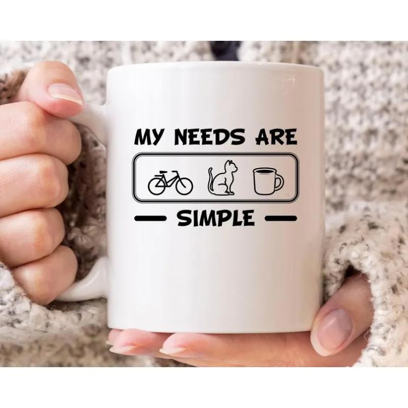 Tailorly White Ceramic 11 oz Mug - My Needs Are Simple Minimalist Icons Featuring A Bicycle A Cat And A Steaming Coffee Mug