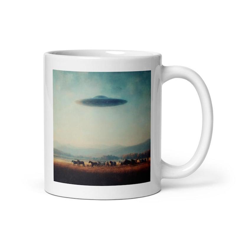 Tailorly White Ceramic 11 oz Mug - Mystical Flying Saucer Hovering Above Silhouetted Horseback Riders In Misty Fields UFO