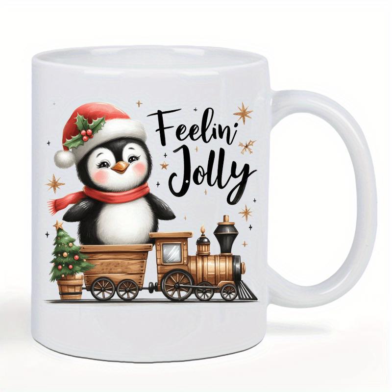 Tailorly White Ceramic 11 oz Mug - Feelin Jolly Cute Festive Character Wearing Santa Hat Riding Wooden Steam Train Penguin