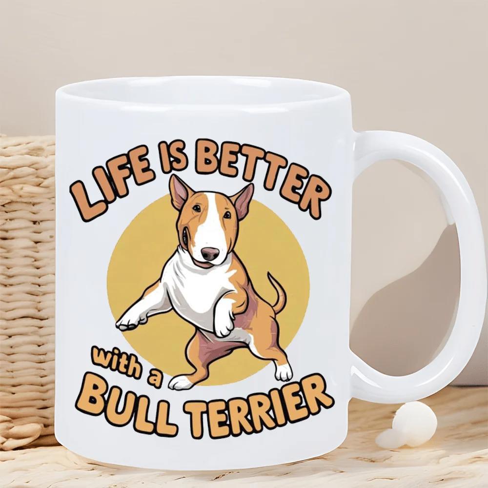 Tailorly White Ceramic 11 oz Mug - Life Is Better With A Bull Terrier Friendly Cartoon Bull Terrier Standing In Front Of Sun Graphic Dog