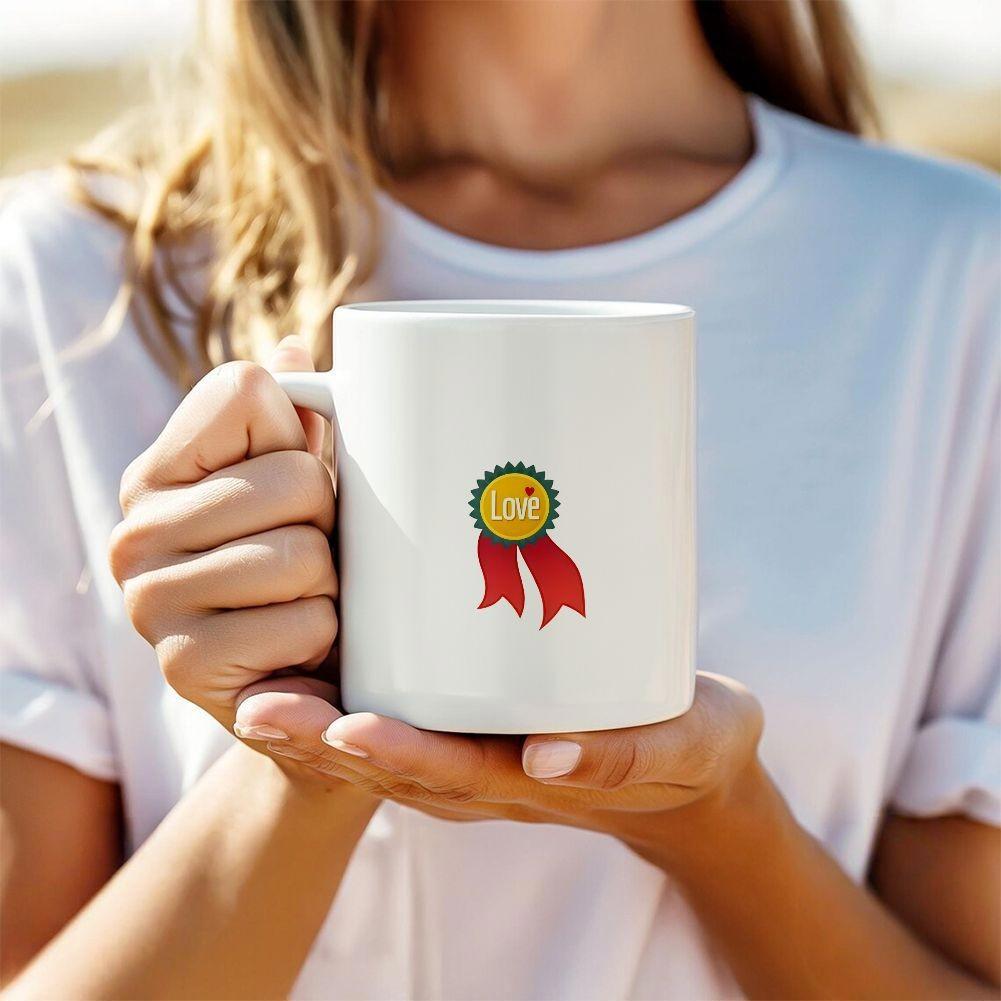 Tailorly White Ceramic 11 oz Mug - Love Yellow Circular Medal With Green Edges And Bright Red Hanging Ribbons Award