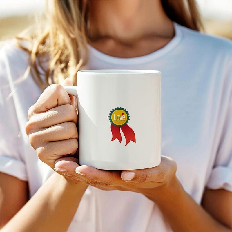 Tailorly White Ceramic 11 oz Mug - Love Yellow Circular Medal With Green Edges And Bright Red Hanging Ribbons Award