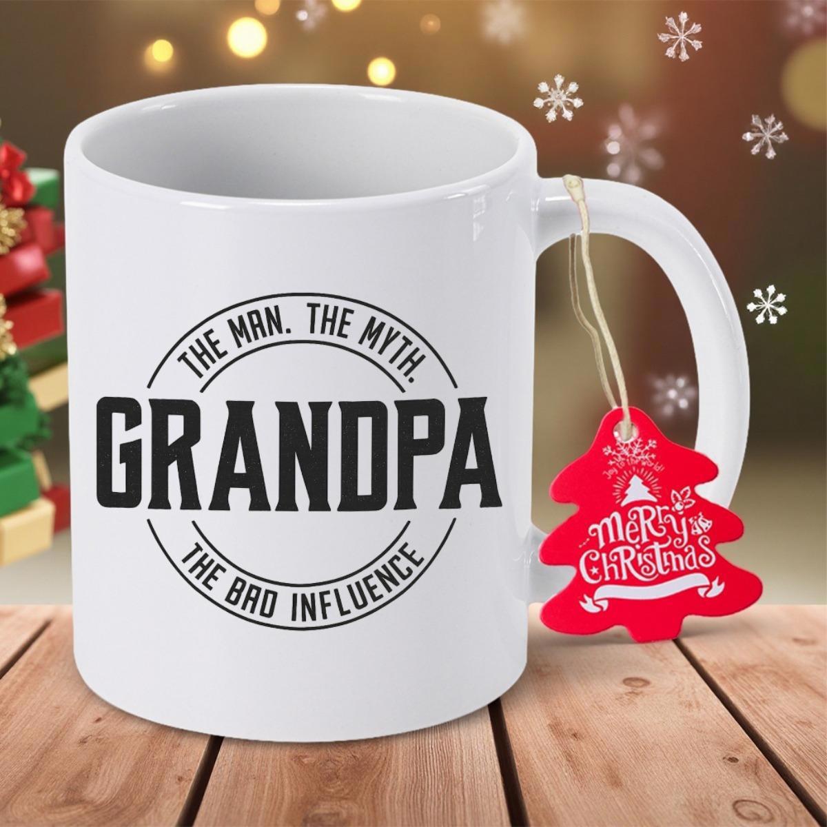 Tailorly White Ceramic 11 oz Mug - The Man The Myth Grandpa The Bad Influence Circular Borders Surrounding Bold Typeface With Clean Lines For Family Heritage