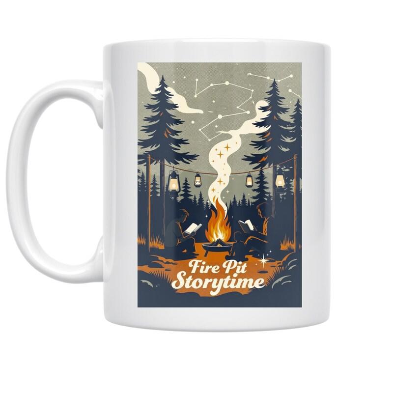 Tailorly White Ceramic 11 oz Mug - Fire Pit Storytime Cozy Night Camping Scene Under Stars Among Tall Pine Trees Landscape