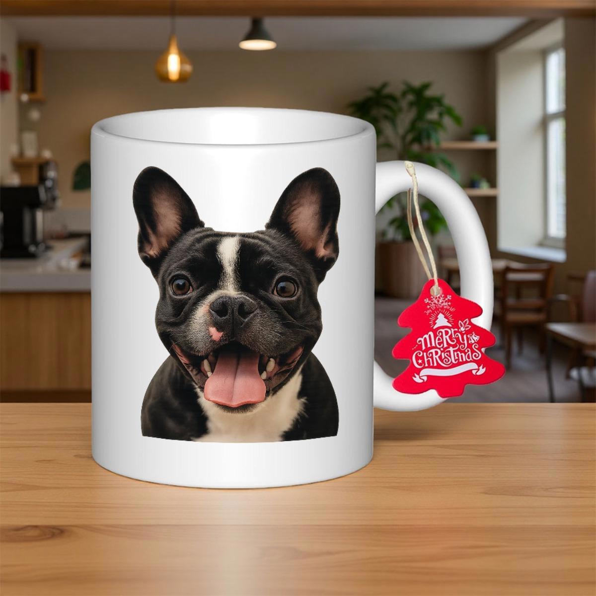 Tailorly White Ceramic 11 oz Mug - Merry Christmas Happy Black And White Face Smiling With Tongue Out French Bulldog