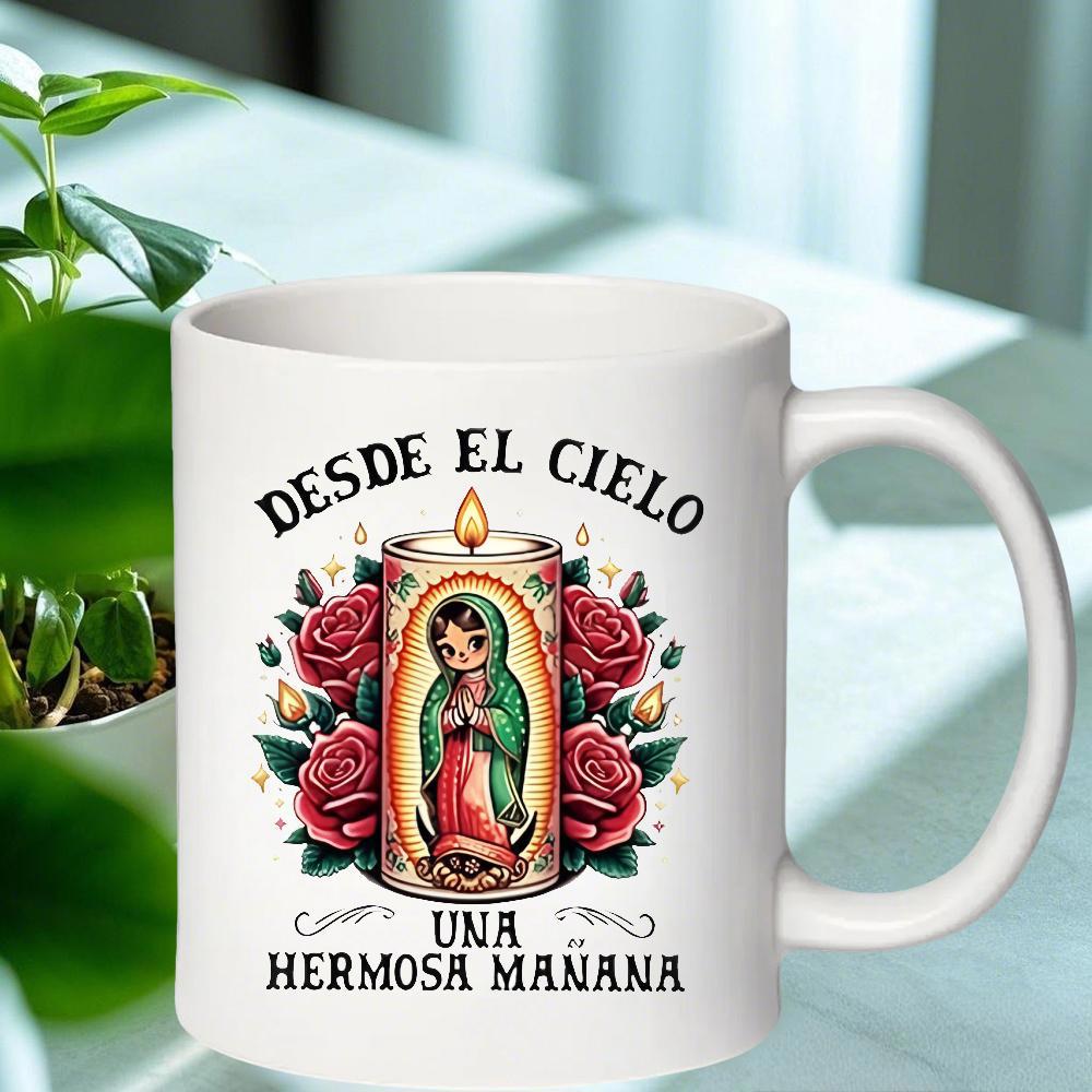 Tailorly White Ceramic 11 oz Mug - Sacred Icon Within Glowing Candle Surrounded By Red Roses Garden Candle