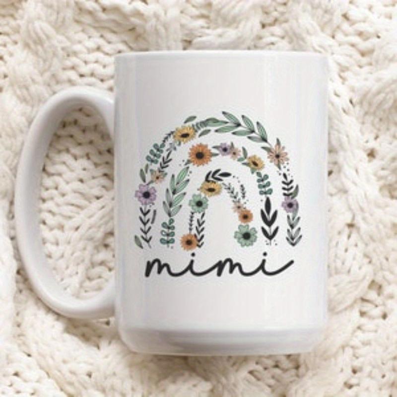 Tailorly White Ceramic 11 oz Mug - Mimi Boho Style Floral Arch With Delicately Hand Painted Leaves And Colorful Wildflowers Rainbow