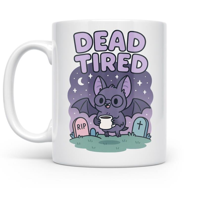 Tailorly White Ceramic 11 oz Mug - Dead Tired Adorable Purple Bat Holding Coffee Mug Standing Among Spooky Graveyard Bat