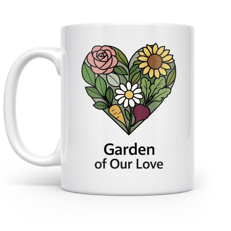 Tailorly White Ceramic 11 oz Mug - Garden Of Our Love Heart Shaped Floral Arrangement With Blooming Roses Sunflowers And Green Leaves Heart