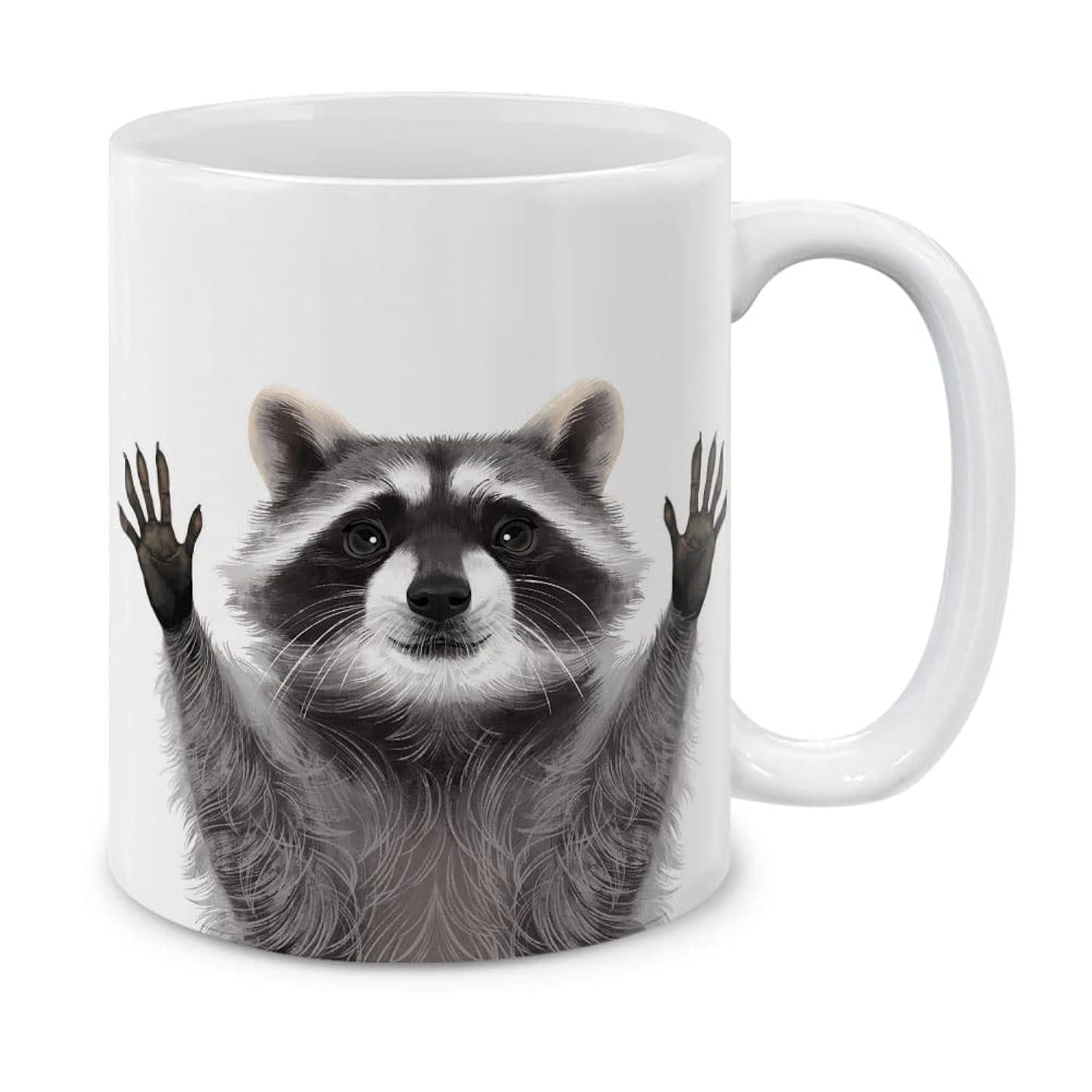 Tailorly White Ceramic 11 oz Mug - Adorable Furry Creature With Paws Raised In Surrender Gesturing Raccoon
