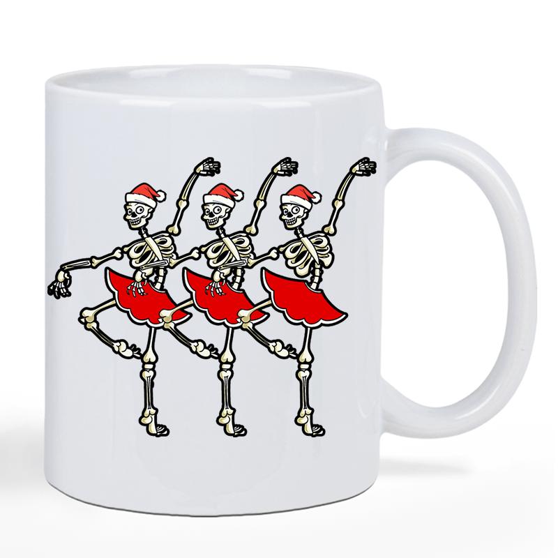 Tailorly White Ceramic 11 oz Mug - Three Graceful Figures Wearing Red Tutus And Festive Santa Hats Skeleton
