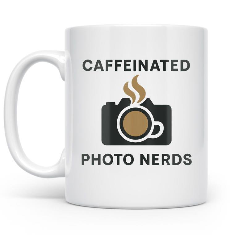Tailorly White Ceramic 11 oz Mug - Caffeinated Photo Nerds Minimalist Black Camera Silhouette With Steaming Hot Coffee Cup Lens Camera