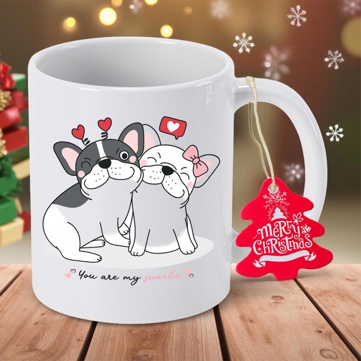 Tailorly White Ceramic 11 oz Mug - Merry Christmas You Are My Cute Smiling Cartoon French Bulldogs With Tiny Hearts And Bow French Bulldog