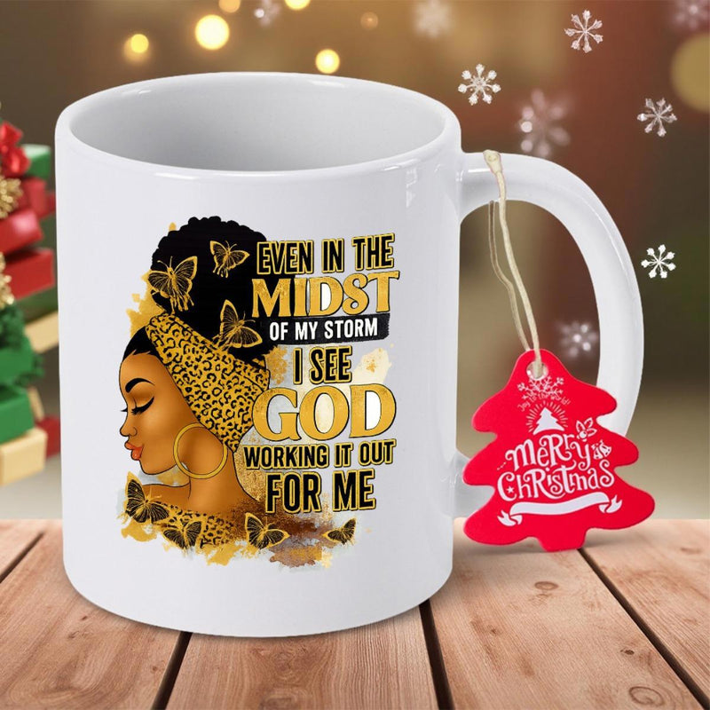 Tailorly White Ceramic 11 oz Mug - Even In The Midst Of My Storm I See God Working It Out For Me Beautiful Black Woman Wearing Leopard Print Headwrap Surrounded By