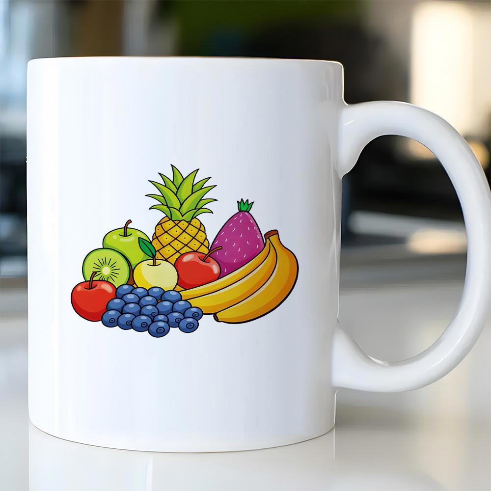 Tailorly White Ceramic 11 oz Mug - Colorful Vibrant Illustration Featuring Assorted Healthy Organic Tropical Fresh Fruits