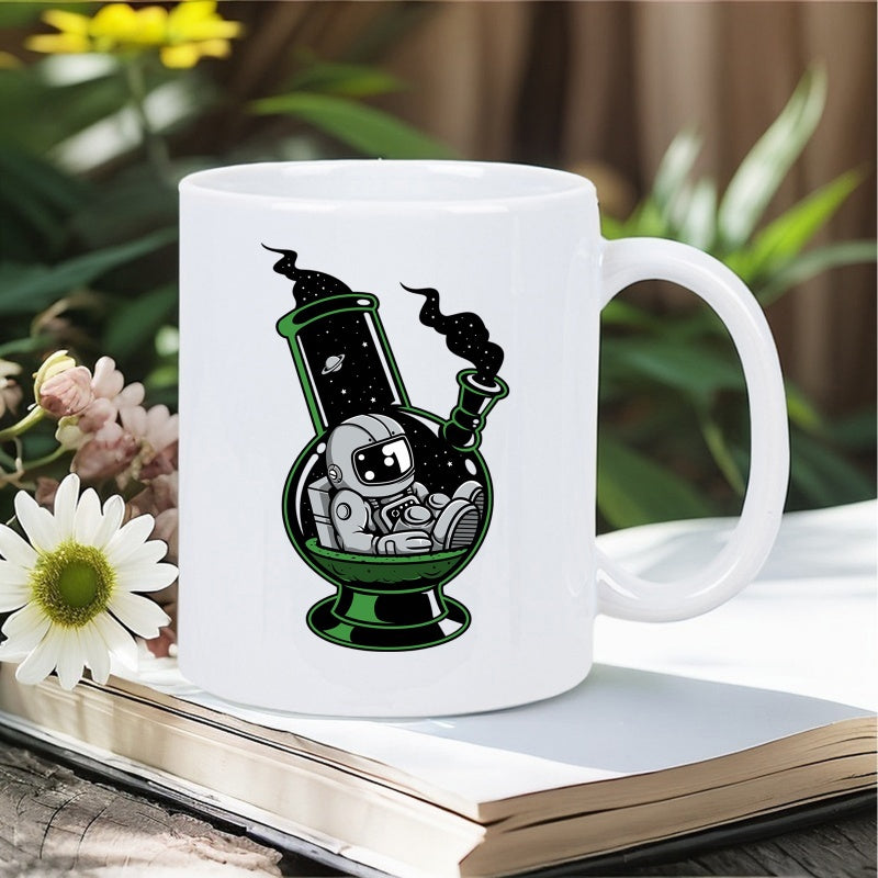 Tailorly White Ceramic 11 oz Mug - Chibi Spaceman Relaxing Inside A Cosmic Green Glass Water Pipe Astronaut
