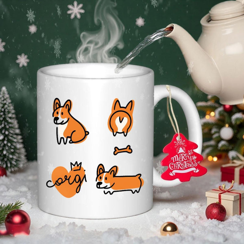 Tailorly White Ceramic 11 oz Mug - Corgi Playful Cartoon Dogs In Different Poses With Crown And Heart Corgi